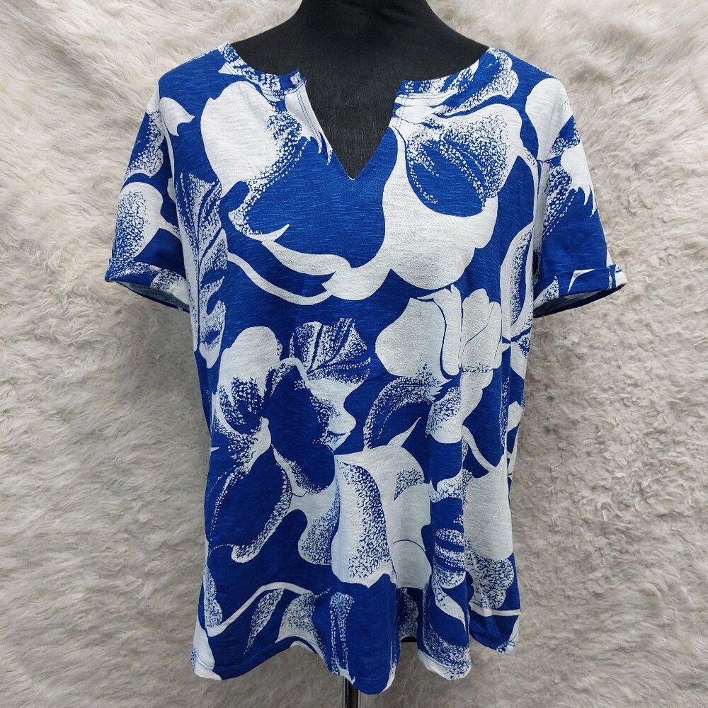 Wonderly Women's 100% Cotton Blue Floral Print Blouse Top Size XL